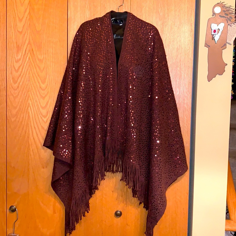 Copper brown sequined metallic distressed fringe knit sweater blanket poncho